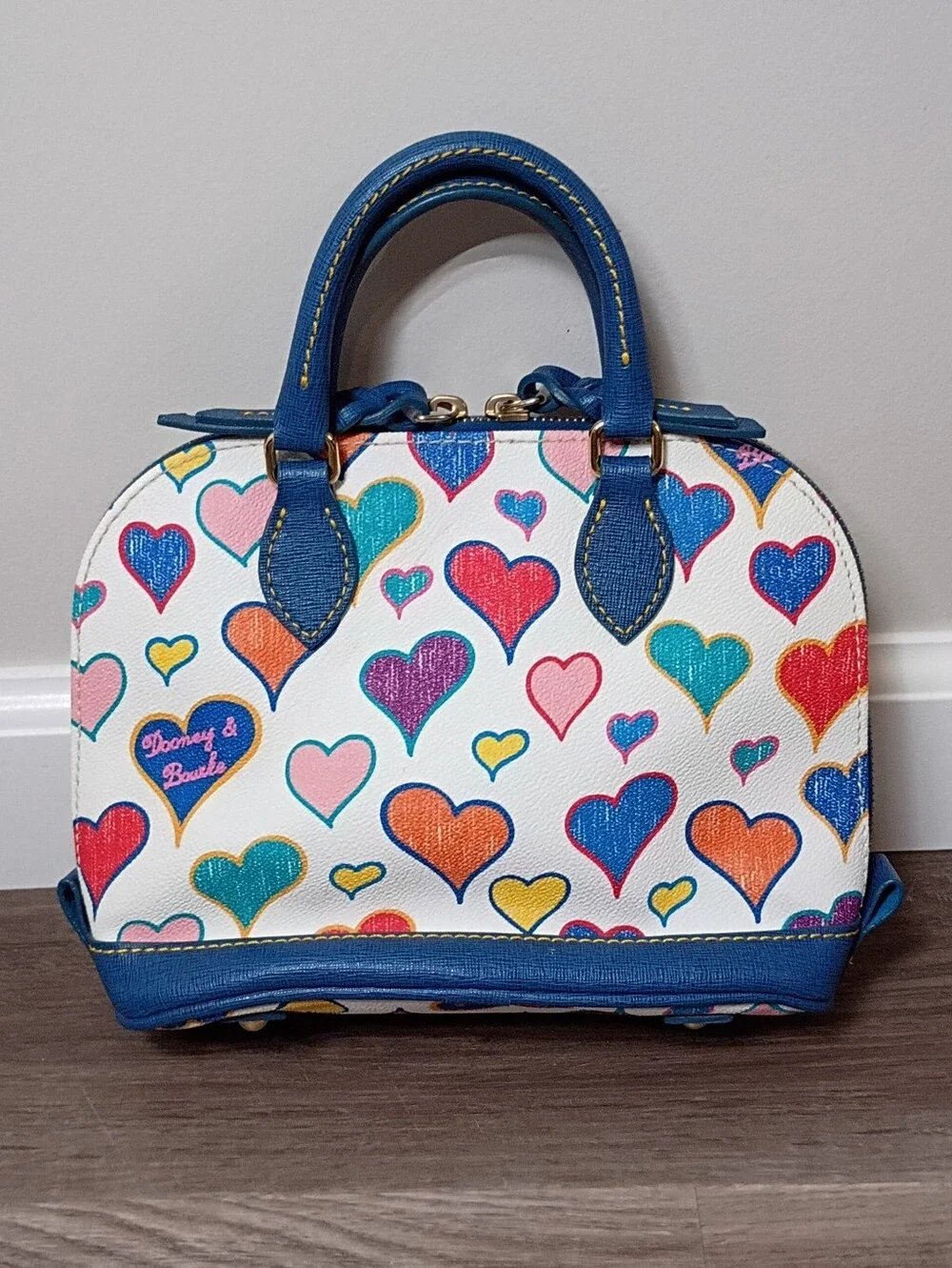 Dooney & Bourke Vintage Y2K White Blue Multicolor Hearts Leather Small Satchel